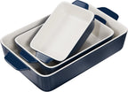 Kook Casserole Dish, Ceramic Baking Dish, Large Lasagna Pan Deep for Oven, 8.5 x 14, 11 x 7, 8 x 5, Set of 3, 92oz, 50oz, 20oz, Baking Pan with Handles, Oven Safe and Durable, Home, Gift, (Navy)