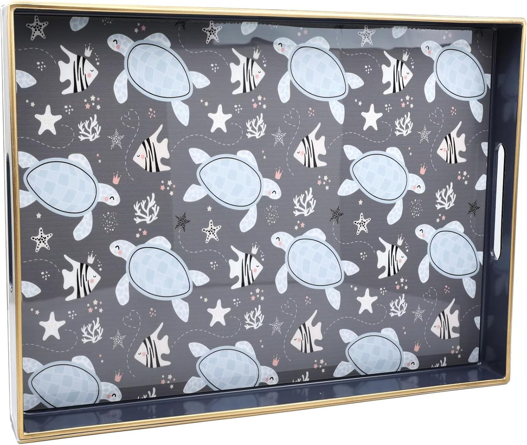 Spsyrine Decorative Serving Tray with Handles, Blue Lacquered Coffee Table Tray for Ottoman, Rectangle Waterproof Platters for Centerpieces, Parties, Living Room, Kitchen Counter Organization Turtle