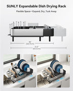 SUNLY Expandable Dish Drying Rack, Versatile Brackets for Pots & Pans, Space Saving Kitchen Drying Rack, Dish Racks for Kitchen Counter, Stainless Steel Dish Drainers with Extendable Spout, Black
