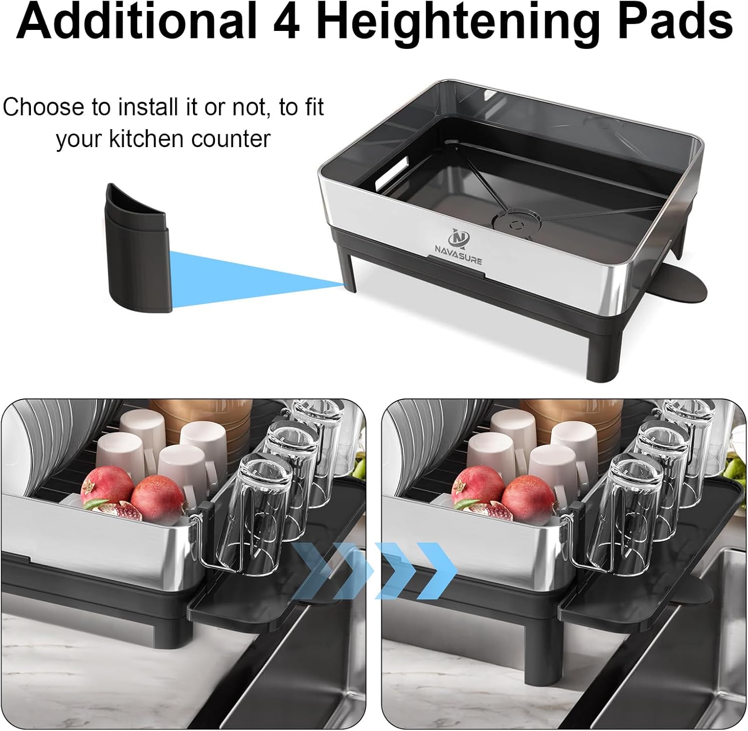 Dish Drying Rack | Stainless Steel Dish Rack for Kitchen Counter, Space Saving | Dish Drainer with Drainage & Utensil Holder | Escurridor de Platos para Fregadero (Black)