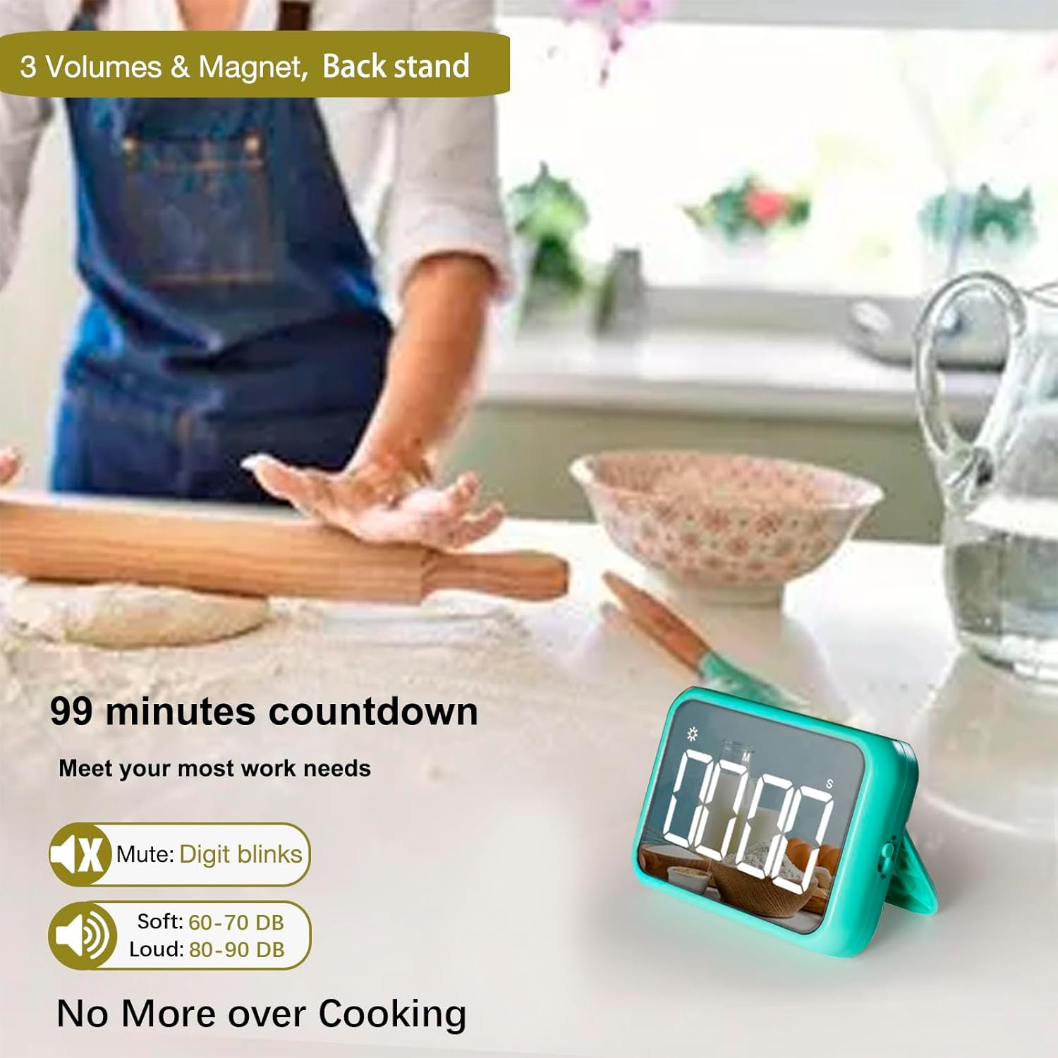 4-inch Timers for Kids, Large Magnetic Digital Kitchen timers with Constant Bright Function for Classroom, Silent Timer for Students and Teachers (1, Green)