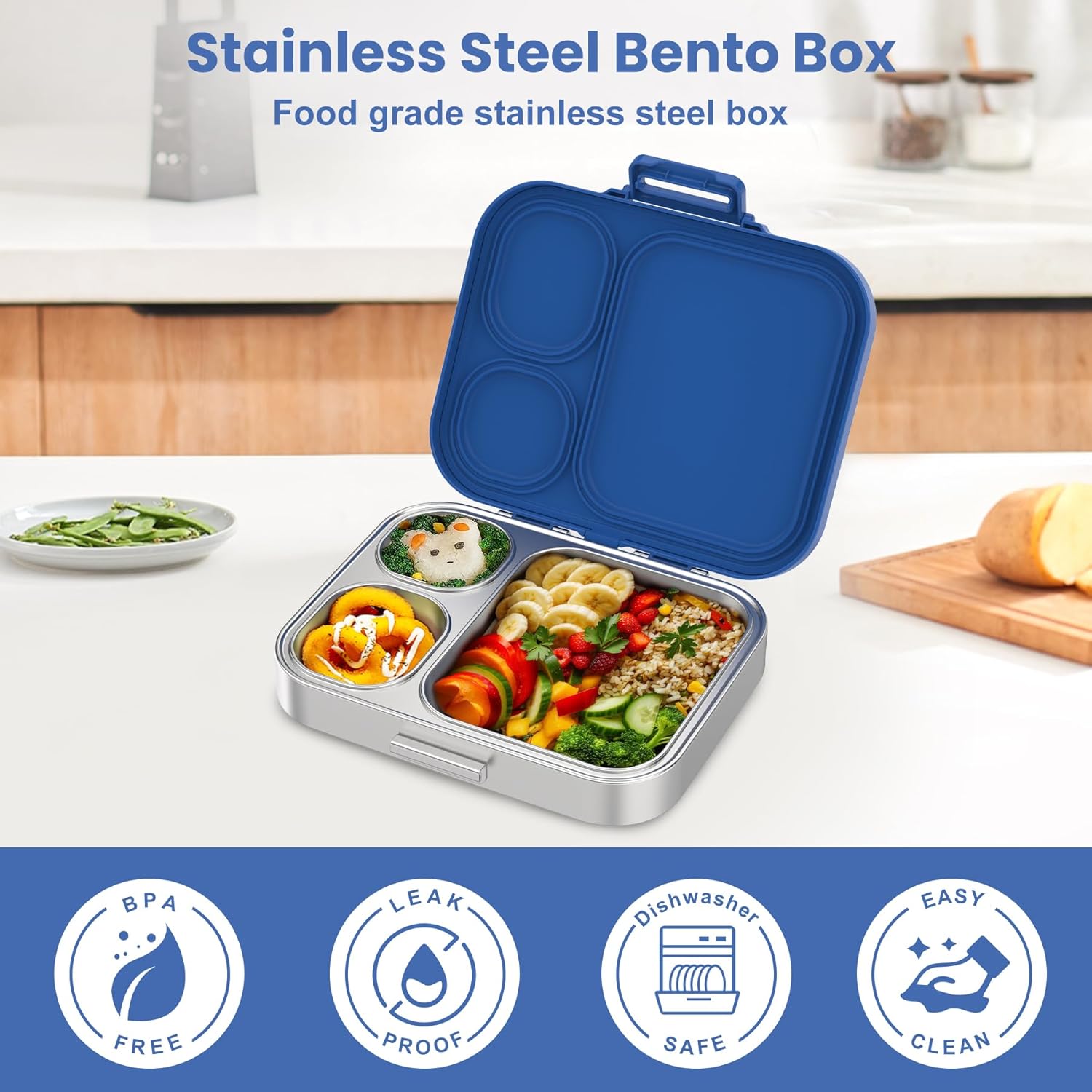 Stainless Steel Bento Lunch Box for Kids | 3-Compartment Lunch Box Container Kids | 100% Leakproof, Dishwasher-Safe, Eco-Friendly, Perfect Portion Control for Kids&Adult Healthy Meals (Blue)