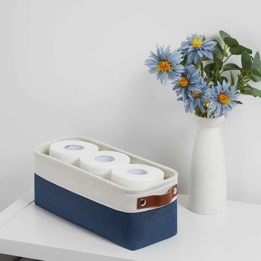 DULLEMELO Toilet Paper Baskets for Storage 15"x6"x5.5" Small Rectangular Baskets for Towels [2 Pack] Collapsible Fabric for Organizing Closet,Shelf,Toys (White&Blue)