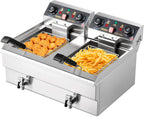 ROVSUN 24.9QT Electric Deep Fryer with Baskets, Timer Drains & Lids, 3400W Commercial Deep Fryer, Dual Tank Kitchen Countertop Frying Machine, Adjustable Temperature for Home Restaurant