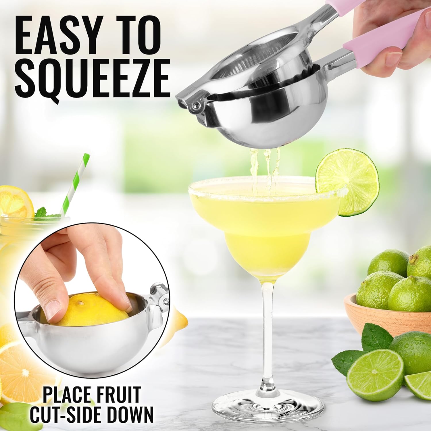 Zulay Lemon Squeezer Stainless Steel with Premium Heavy Duty Solid Metal Squeezer Bowl and Food Grade Silicone Handles - Large Manual Citrus Press Juicer and Lime Squeezer Stainless Steel (Pink)
