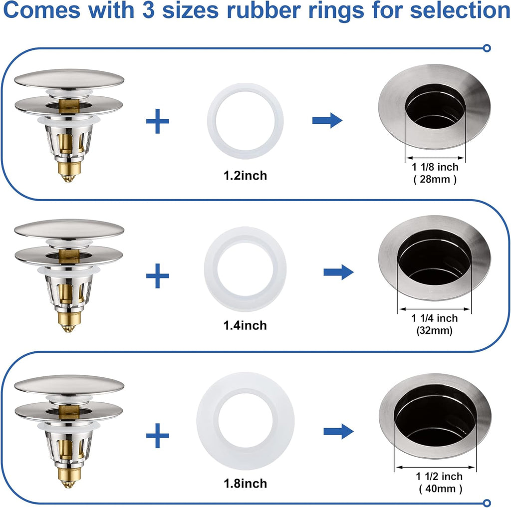 3-in-1 Universal Bathroom Sink Stopper - Brushed Nickel Pop Up Sink Drain Stopper, Brass Bounce Bullet Core Sink Stopper Replacement, Wash Basin Drain Filter Plug with Anti-Clogging Strainer
