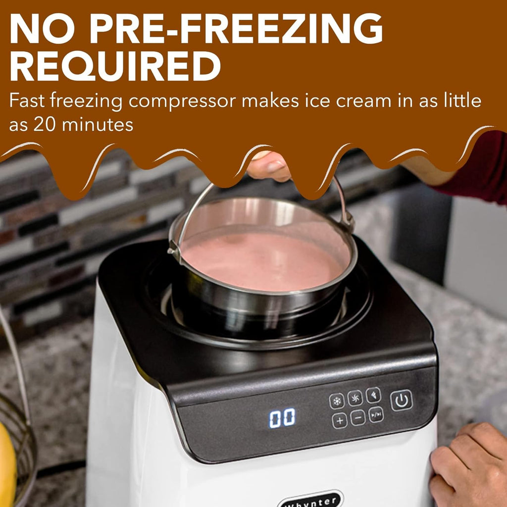 Whynter Ice Cream Maker Machine Automatic 1.28 Qt Upright with Built-in Compressor, LCD Digital Display & Timer, No Pre-Freezing, ICM-128WS, White