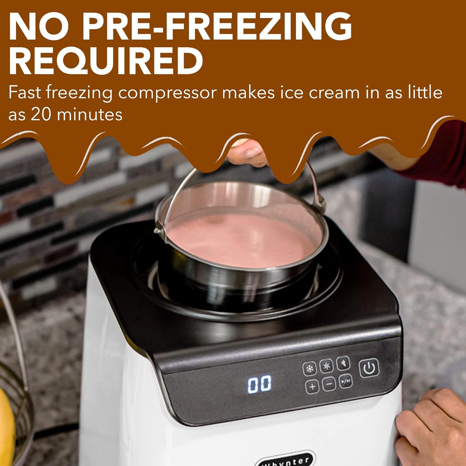 Whynter Ice Cream Maker Machine Automatic 1.28 Qt Upright with Built-in Compressor, LCD Digital Display & Timer, No Pre-Freezing, ICM-128WS, White