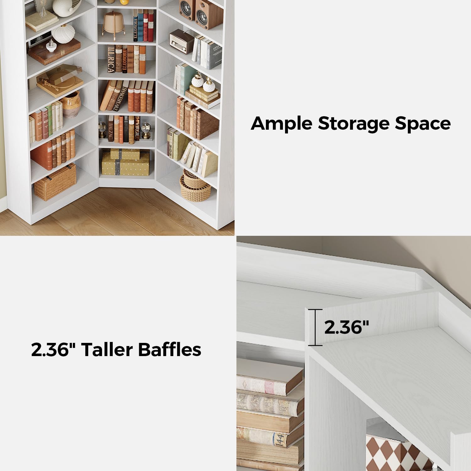 IRONCK Corner Bookshelf, 7-Tier Bookshelf with Storage, Corner Bookcases with Baffles Etagere Shelf for Living Room Home Office Bedroom, White