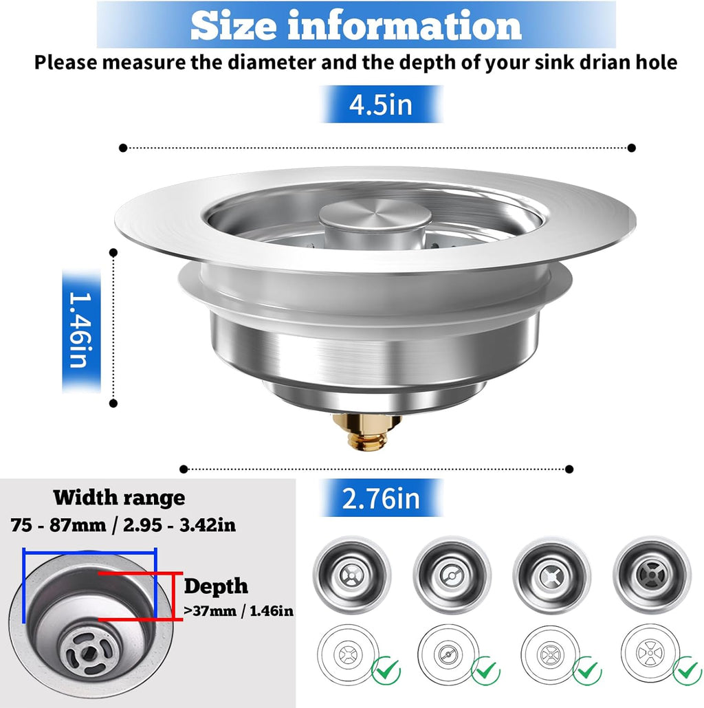 Upgraded 3 in 1 Kitchen Sink Drain Strainer Stopper, Brushed Stainless Steel SUS 304 Pop Up Sink Drain Stopper for Standard 3-1/2 Inch Drain Anti-Clogging Odor Prevention