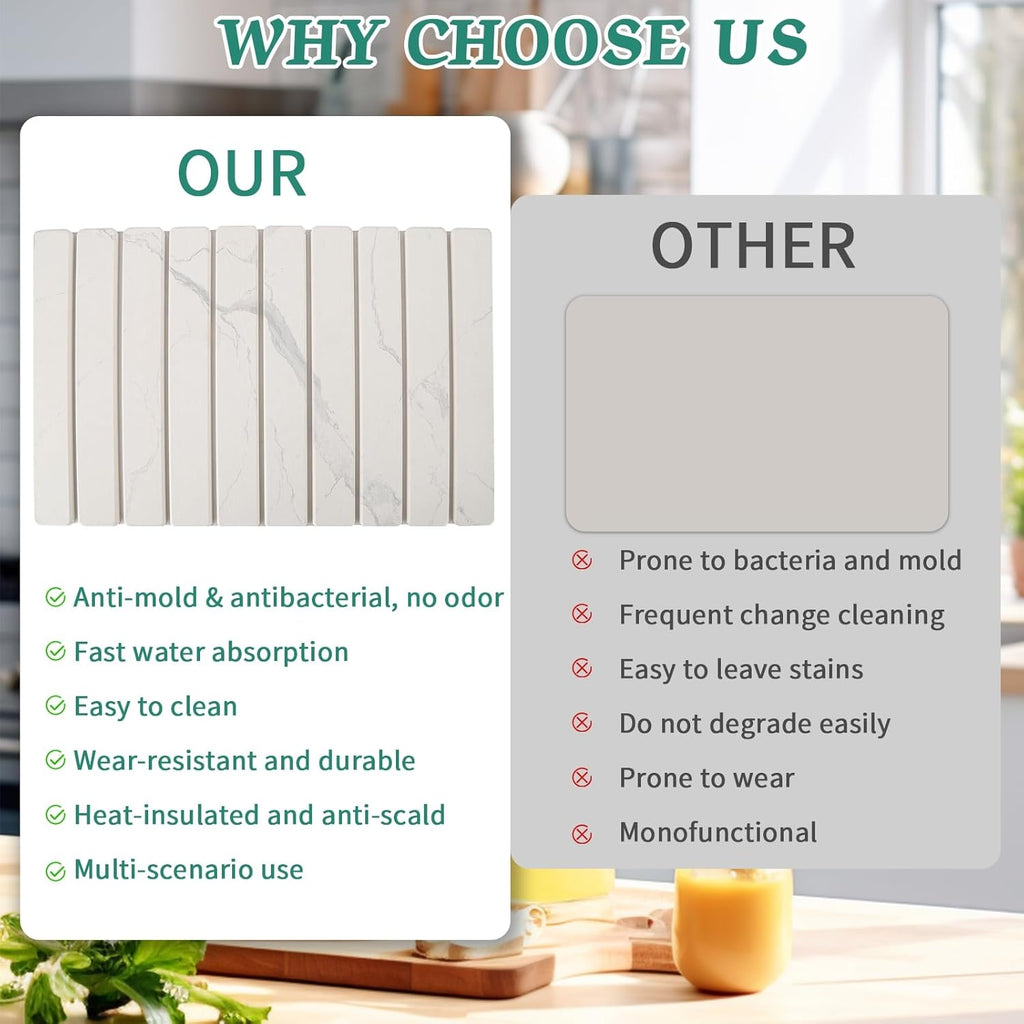 Stone Dish Drying Mat for Kitchen Counter, 24''×15'' White Marble Dishes Drying Matt Kitchen Counter, Absorbent Diatomaceous Earth Bath Quick Dry Mats for Tableware, Bottles and Cup