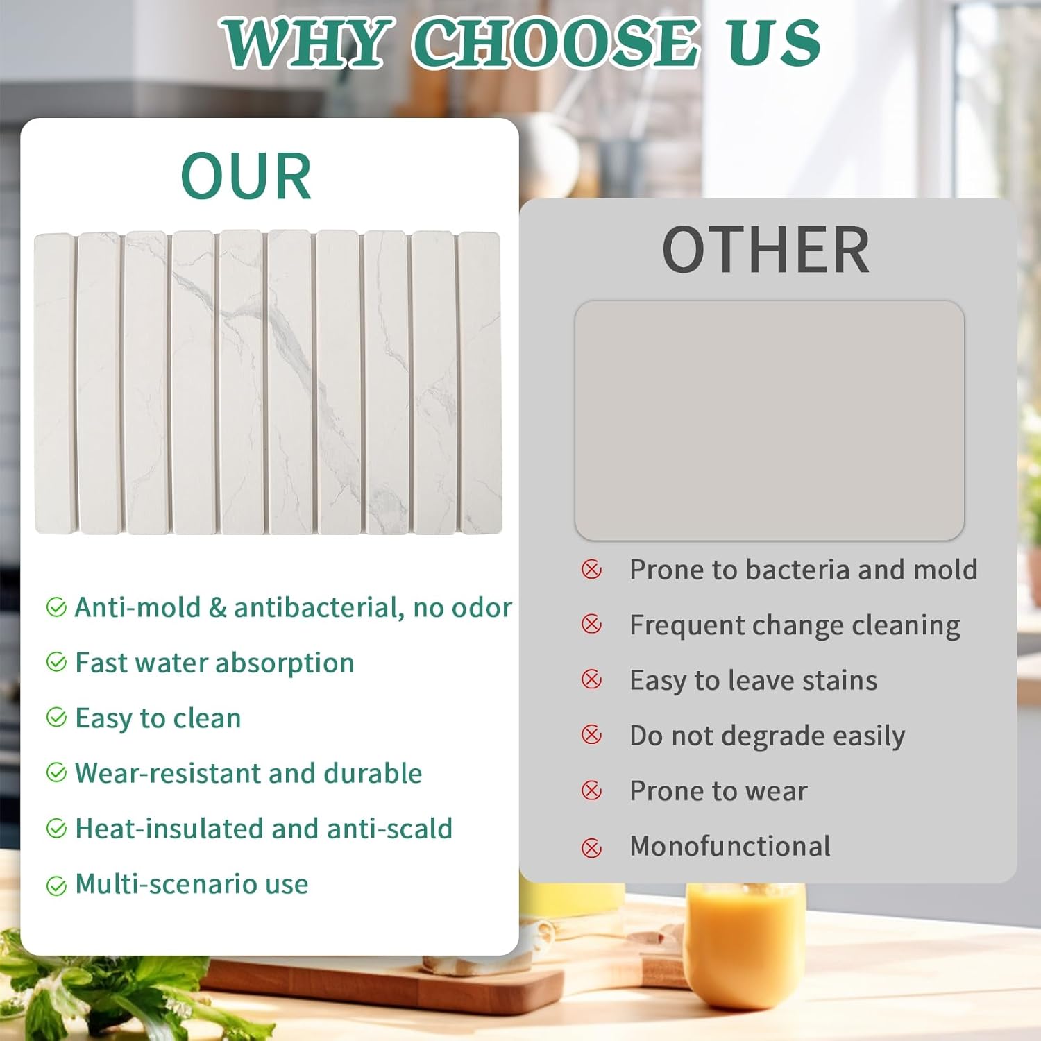 Stone Dish Drying Mat for Kitchen Counter, 24''×15'' White Marble Dishes Drying Matt Kitchen Counter, Absorbent Diatomaceous Earth Bath Quick Dry Mats for Tableware, Bottles and Cup