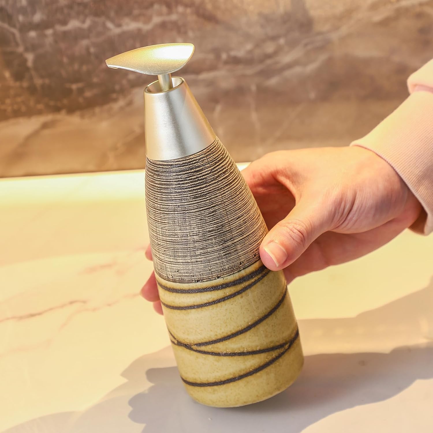 Ceramic Soap Dispenser with Plastic Pump – 12oz Refillable Liquid Dispenser for Bathroom, Kitchen, Office, Hotel, Airbnb, or Vacation Rental (Type A)
