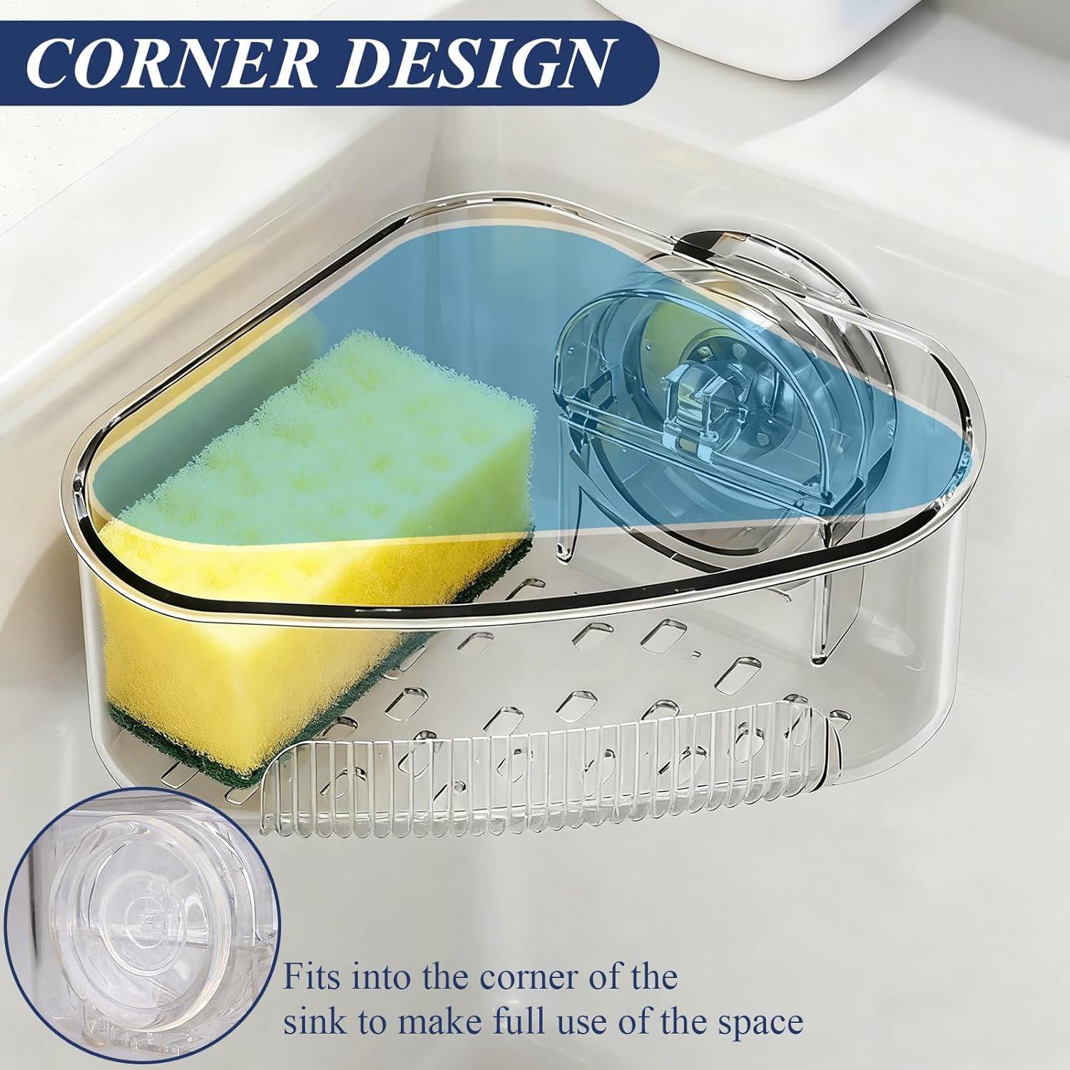 Sink Strainer Basket, Triangle Suction Cup Sink Corner Rack, New Upgraded Corner Sink Strainer with Drainage Hole, Punch-free Corner Sink Trash Catcher for Kitchen and Bathroom (Transparent)
