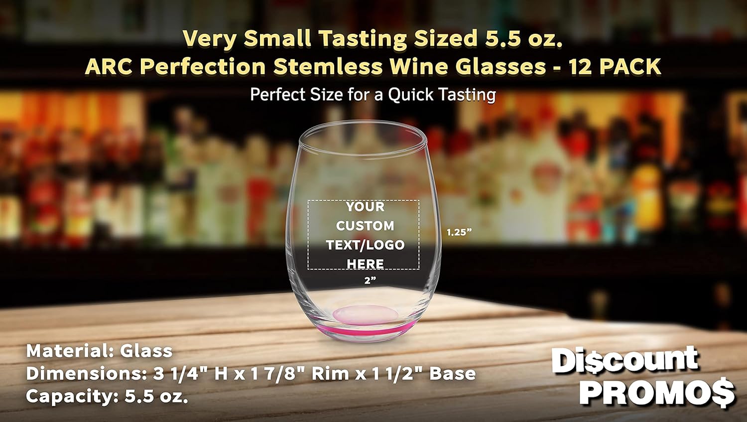 Custom Stemless Wine Glasses by ARC 5.5 oz. Set of 12, Personalized Bulk Pack - Perfect for Hotel, Bar, Restaurant or Lounge - Pink