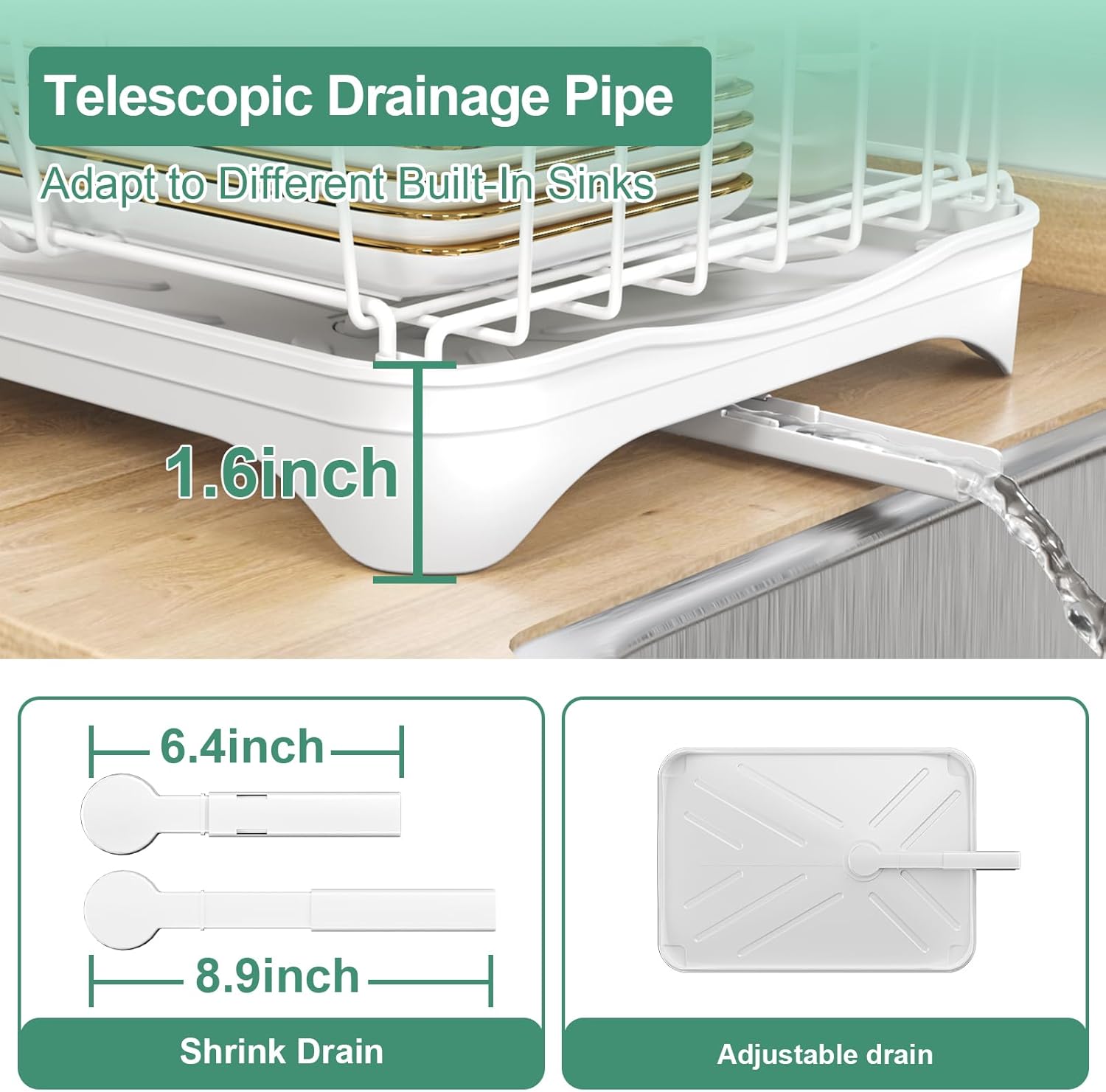 Dish Drying Rack, Two-Tier Dish Drying Rack with Utensil Holder and Cutlery Tray – Auto-Draining Large Capacity Dish Drainer with Drainboard for Kitchen Counter, White