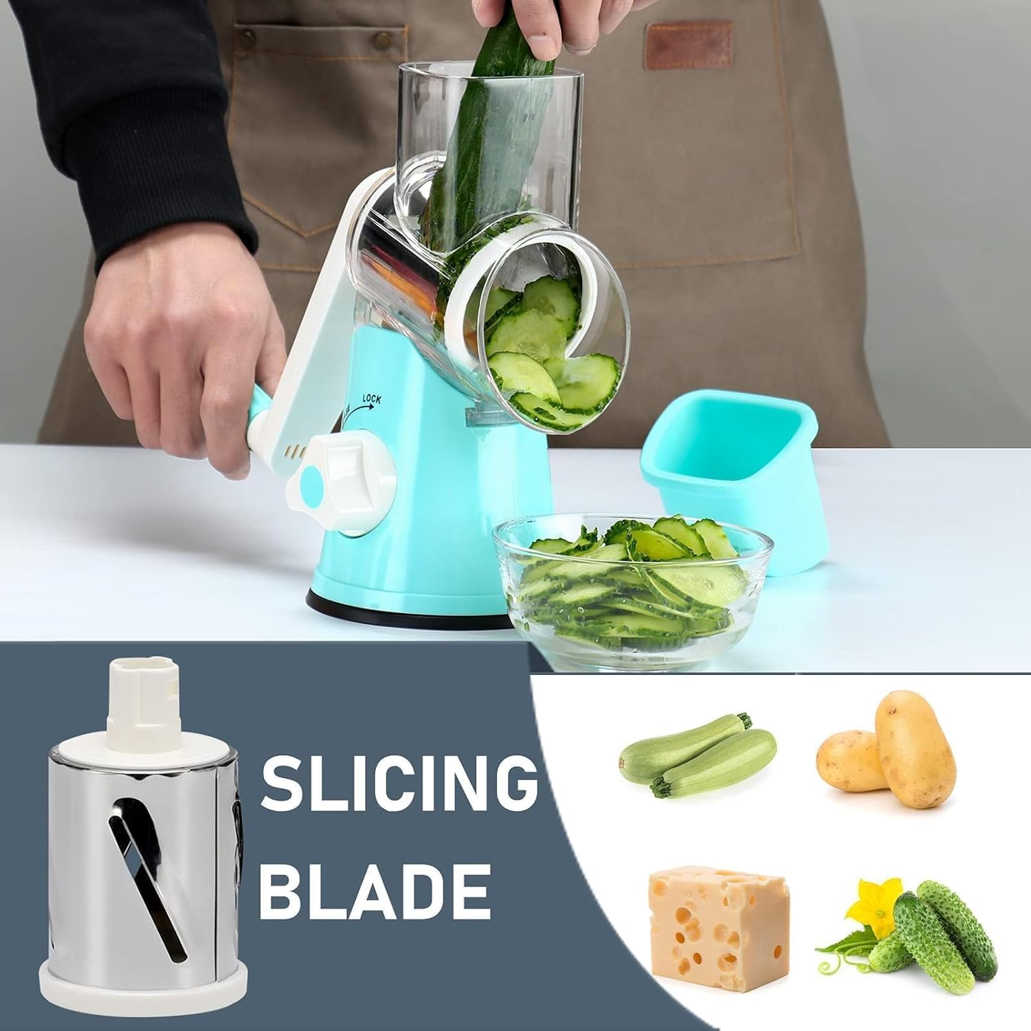 KEOUKE Rotary Cheese Grater with Handle Vegetable Cheese Shredder Slicer Grater for Kitchen 3 Changeable Blades for Cheese Potato Zucchini Nuts Chocolate - Light Blue