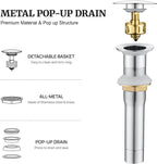 Pop up Sink Drain Stopper for Bathroom Vessel Vanity Sink Art Basin Chrome, Big Cap Without Overflow, Metal Pop-up Drain Strainer with Detachable Basket Stopper