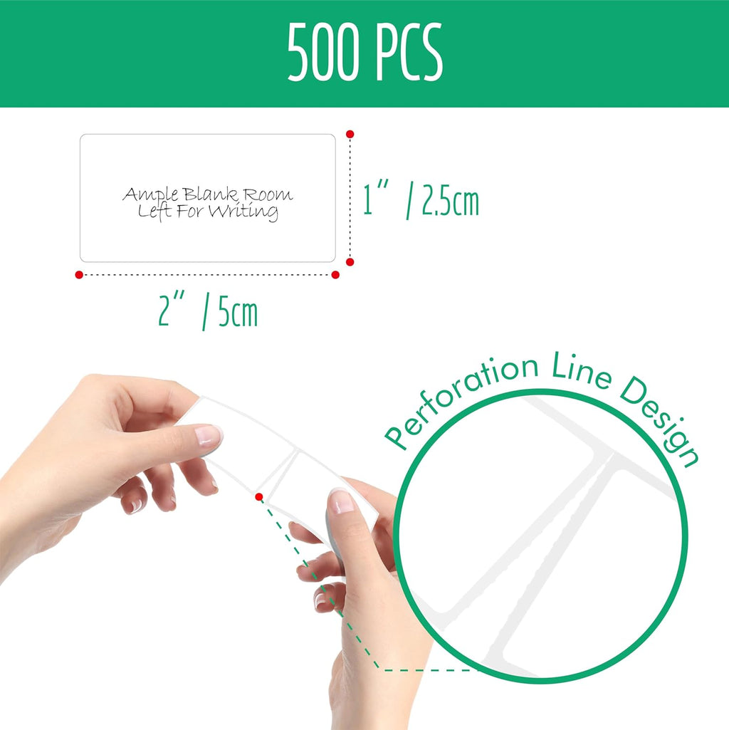 500 Removable Blank Food Labels, Water/Oil/Tear Resistant with Perforation Line for Freezer Food Containers Jars Pantry Organization (Each Measures 1” x 2”)