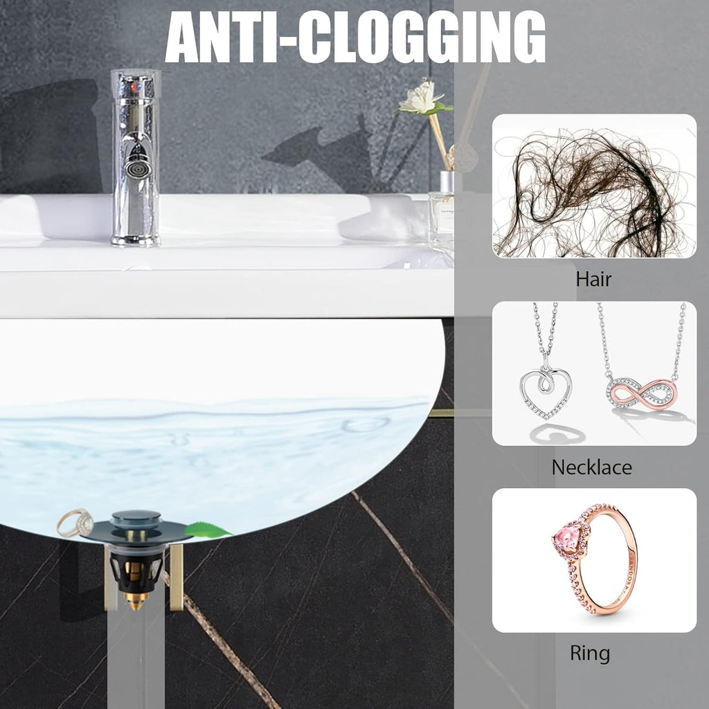 Three colors Bathroom Sink Stopper, 1.1-1.5" Bathroom Sink Strainer, Universal WashBasin Pop Up Drain Stopper, Bounce Core Push Type Sink Plug, Anti-Clogging, Stainless Steel (Matte Black,1PCS)