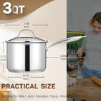 3 Qt Stainless Steel Saucepan with Glass Strainer Lid, 3 Quart Pot Stainless Steel Sauce Pan with Pour Spout, Mirror Polishing, Compatible with All Cooktops Dishwasher Safe Oven Safe