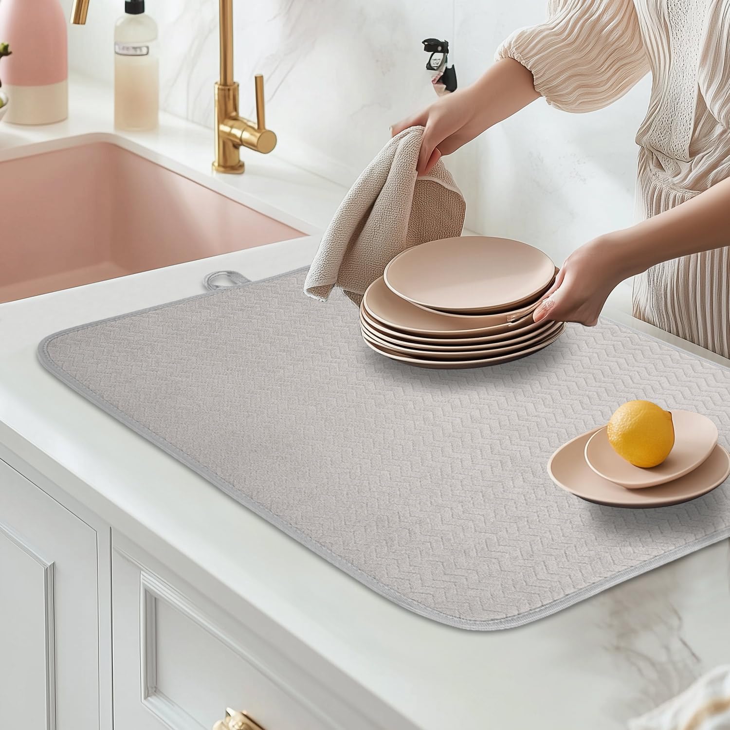 2 Pack Dish Drying Mat, Large 16" x 18" Highly Absorbent Microfiber Kitchen Counter Mat, Dish Drying Pad for Dishes,Perfect Drying Mat for Kitchen Counter, Utensils, Pots and Pans, Grey