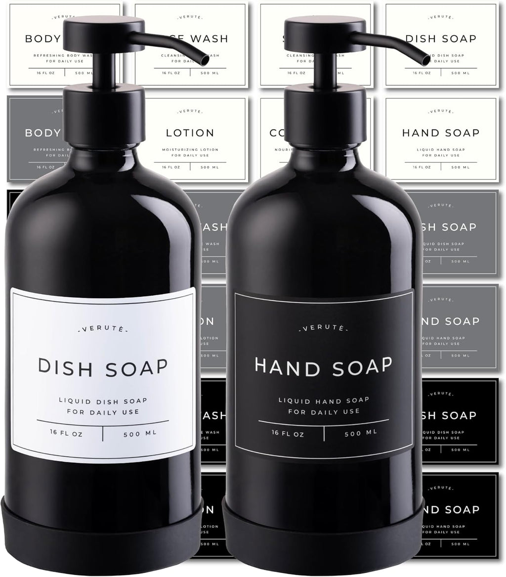 16oz Glass Soap Dispenser with Stainless Steel Pump, 21 Waterproof Labels, Non-Slip Protective Silicone Pad, Set of 2 for Bathroom & Kitchen (Gloss Black Bottle/Black Pump)