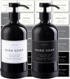 16oz Glass Soap Dispenser with Stainless Steel Pump, 21 Waterproof Labels, Non-Slip Protective Silicone Pad, Set of 2 for Bathroom & Kitchen (Gloss Black Bottle/Black Pump)