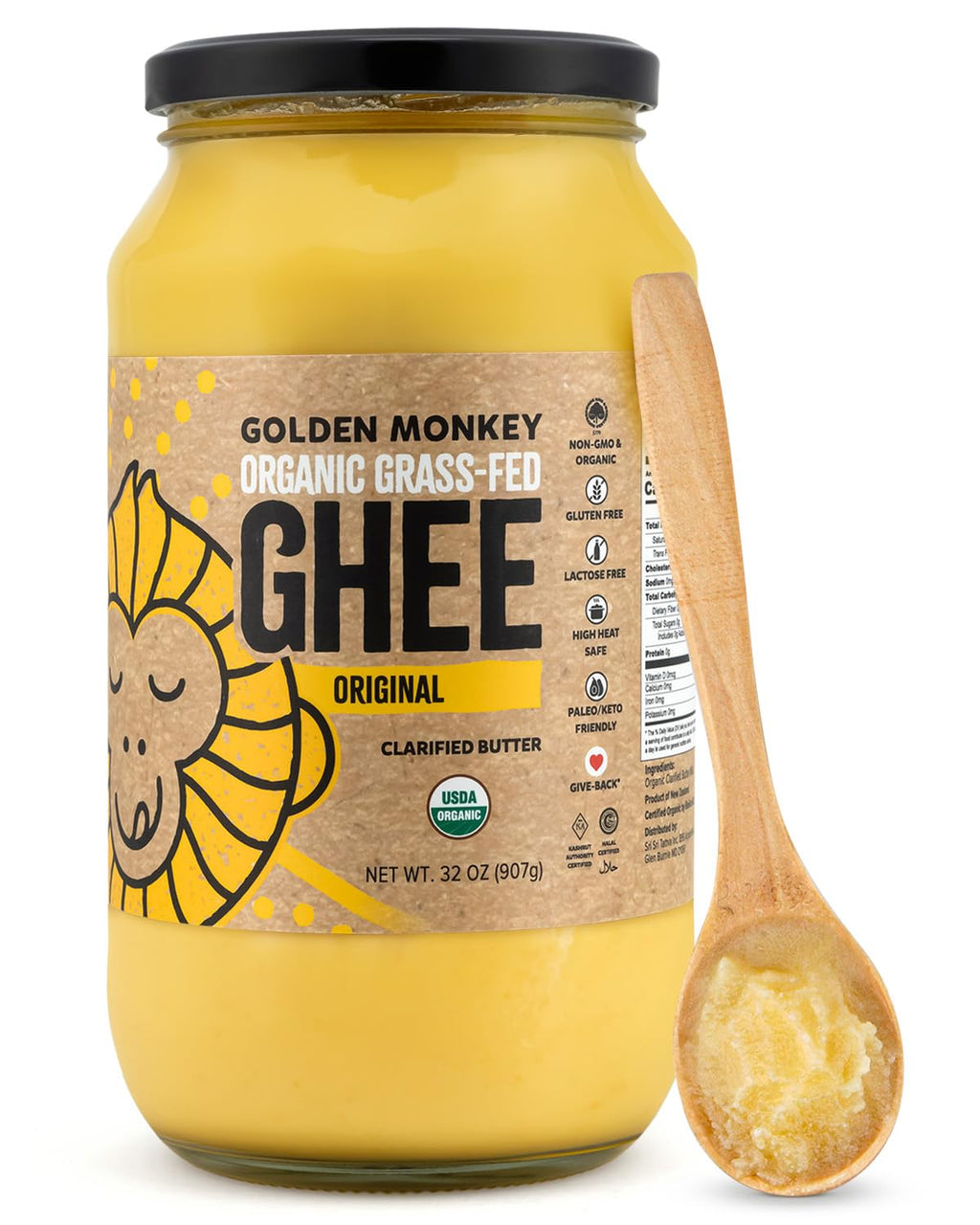 GOLDEN MONKEY Organic Ghee Butter – Grass Fed Clarified Butter for Cooking, Baking, Keto & Gut Health – Ghee Butter Organic Grass Fed from Small Farms – Smooth Spread with High Smoke Point (32oz)