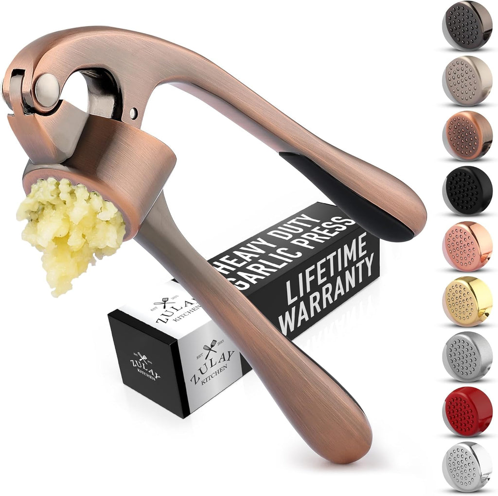 Zulay Kitchen Premium Garlic Press Set - Rust Proof & Dishwasher Safe Professional Garlic Mincer Tool - Easy-Squeeze, Easy-Clean with Soft, Ergonomic Handle - Silicone Garlic Peeler & Brush (Copper)