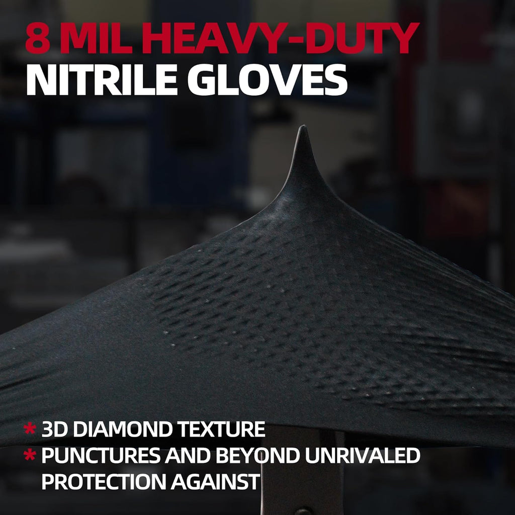 Jointown Basic Heavy Duty Nitrile Gloves, Mechanic Gloves 8 Mil Nitrile Disposable, with Raised Diamond Texture, Case of 100, Black, Large