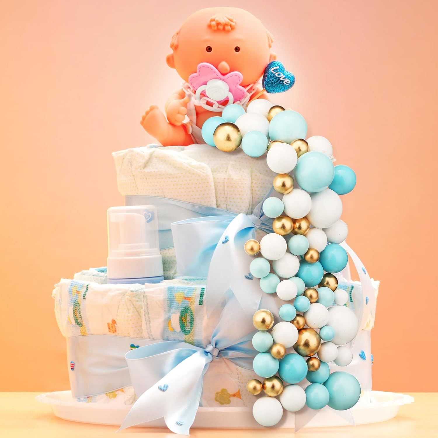 108 Pcs Balls Cake Topper DIY Cupcake Insert Foam Balloons for Cake Baking Wedding Anniversary Birthday Decoration(Blue, White, Gold,Multi Sizes)