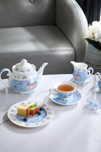 London Boutique Porcelain Teapot Sugar Bowl and Cream Milk Jug Shabby Chic Vintage Floral in Gift box 40oz (Cream & Sugar Set Rose Blue)