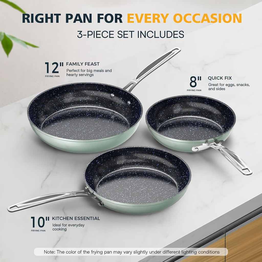 Nuwave 3-Piece Fry Pan Set, 8”, 10”, 12” Forged Lightweight, G10 Healthy Duralon Blue Ceramic Ultra Non-Stick, Induction-Ready & Works on All Cooktops, Ergonomic Stay-Cool Handles