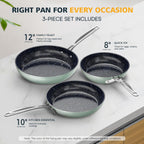 Nuwave 3-Piece Fry Pan Set, 8”, 10”, 12” Forged Lightweight, G10 Healthy Duralon Blue Ceramic Ultra Non-Stick, Induction-Ready & Works on All Cooktops, Ergonomic Stay-Cool Handles