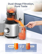 Ganiza Juicer Machines, Cold Press Juicer with 4.3" Large Feed Chute for Whole Fruits & Vegetables, Slow Masticating juicers with 3 Replace Filters for Batch Juicing, Easy to Clean, BPA Free(Silver)