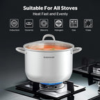 SUNHOUSE 13-Quart Stainless Steel Stockpot w/Tempered Glass Lid - Heavy-Duty, Food-Grade Cookware for Simmering, Boiling, and Induction Cooking - Exceptional Heat Distribution