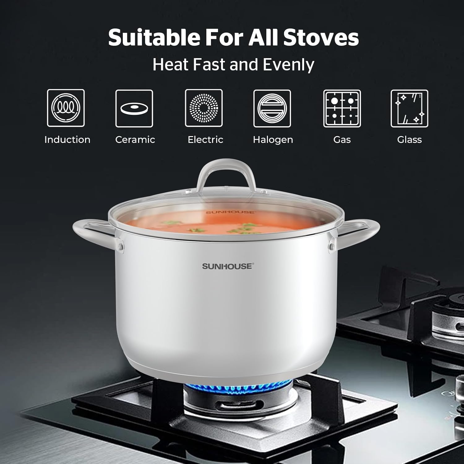 SUNHOUSE 13-Quart Stainless Steel Stockpot w/Tempered Glass Lid - Heavy-Duty, Food-Grade Cookware for Simmering, Boiling, and Induction Cooking - Exceptional Heat Distribution