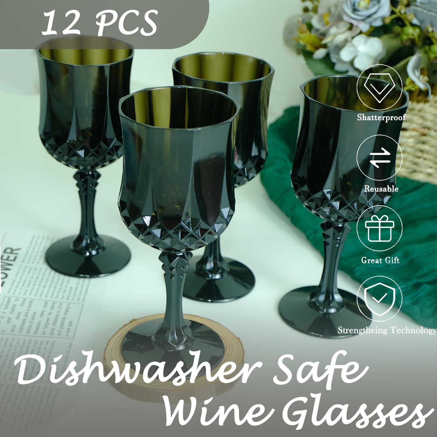 Plastic Wine Glasses，Plastic Goblets Vintage Style Cordial Drinking Glasses for Wedding Reception, Grand Event Party Supplies (12, Black)