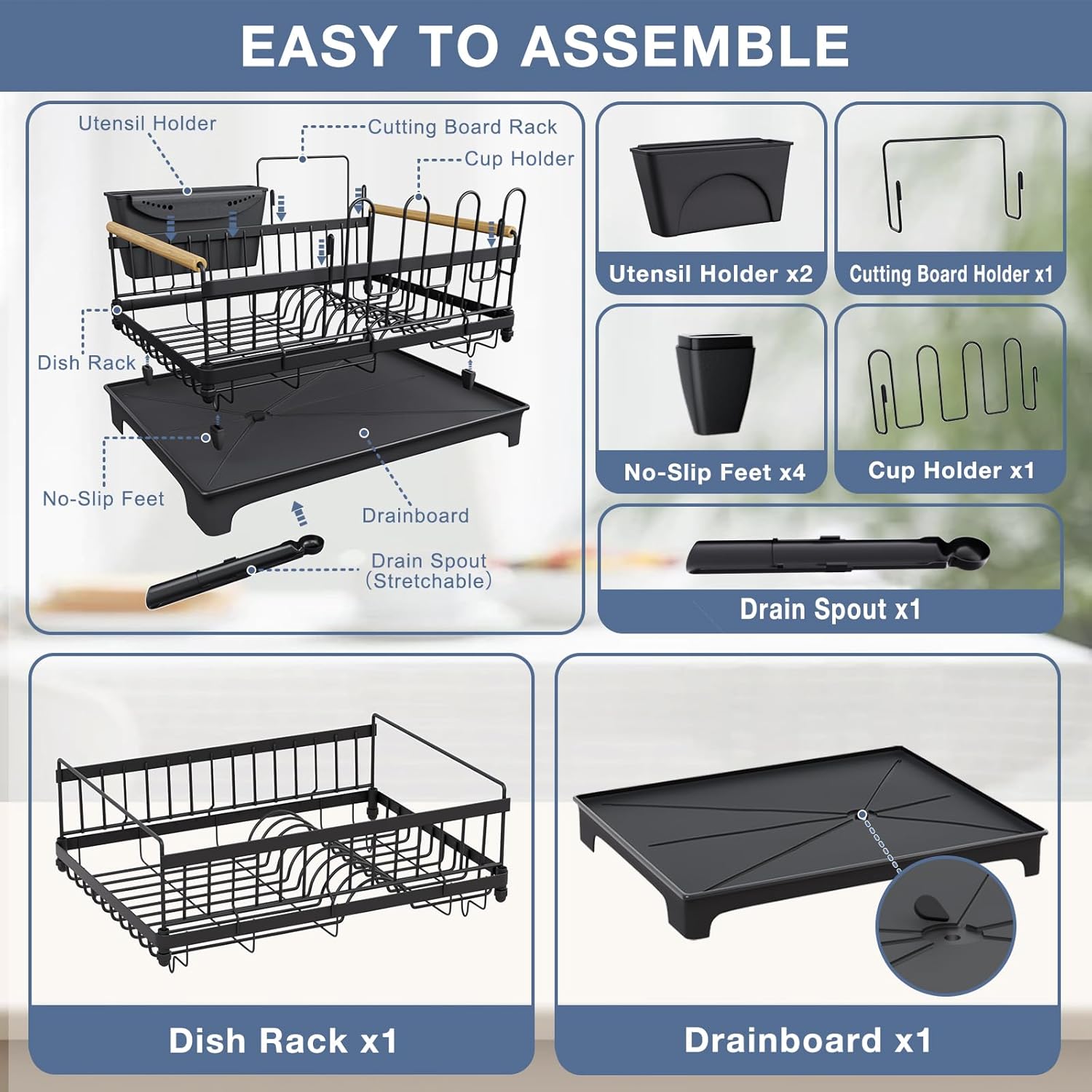 Dish Drying Rack with Drainboard, Rustproof Dish Rack for Kitchen Counter, Large-Capacity Dish Drainer with Cutlery Holder, Sturdy Kitchen Organizer for Dishes, Spoons and Forks