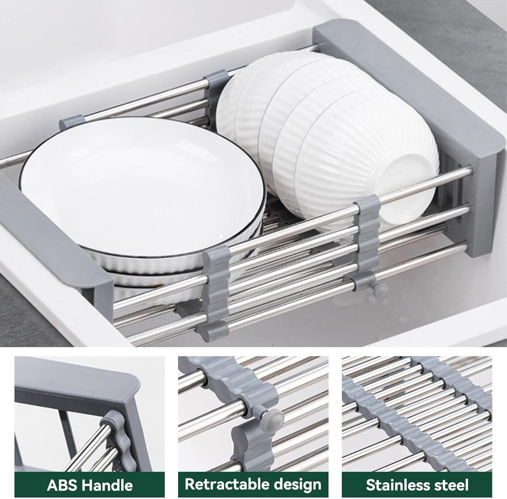 Cyrank Over The Sink Dish Drying Rack, Expandable Over Sink Grill Telescopic Drain Basket Kitchen Rack Drain Basket Sink Drying Rack(L#Grey)