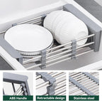 Cyrank Over The Sink Dish Drying Rack, Expandable Over Sink Grill Telescopic Drain Basket Kitchen Rack Drain Basket Sink Drying Rack(L#Grey)