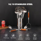 18/10 Stainless Steel Kitchen Utensils Set with Wooden Handle - 14 PCS Metal Cooking Tools & Serving Utensil, Large and Small Spoons Set - Whisk, Masher, Fork, Spatula, Turner, Ladle, Skimmer, Pasta