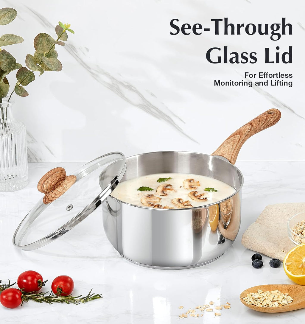 KOCH SYSTEME CS Stainless Steel Saucepan Set, 4-Piece Stainless Steel Sauce Pan with Cool-Touch Bakelite Handle, 1 QT & 2 QT Saucepan with Lid, Steel Pots Induction Ready