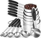 Measuring Cups and Spoons Set: U-Taste 18/8 Stainless Steel 12 Pieces Metal Stacking Kitchen Baking Cooking Food Measure Set 7 Cups 5 Spoons with Strengthened Weld Joints (Black, Upgraded Version)