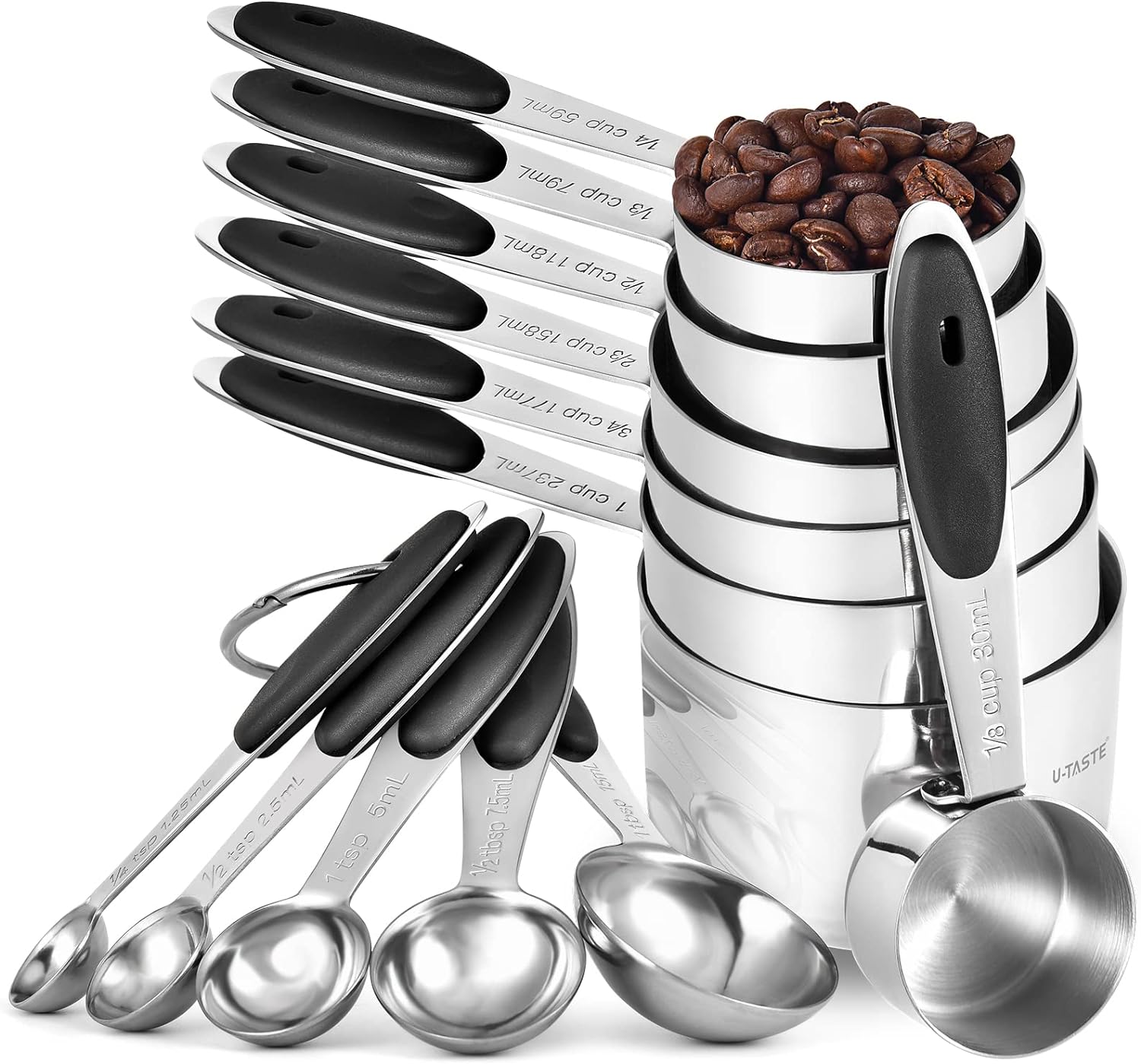 Measuring Cups and Spoons Set: U-Taste 18/8 Stainless Steel 12 Pieces Metal Stacking Kitchen Baking Cooking Food Measure Set 7 Cups 5 Spoons with Strengthened Weld Joints (Black, Upgraded Version)