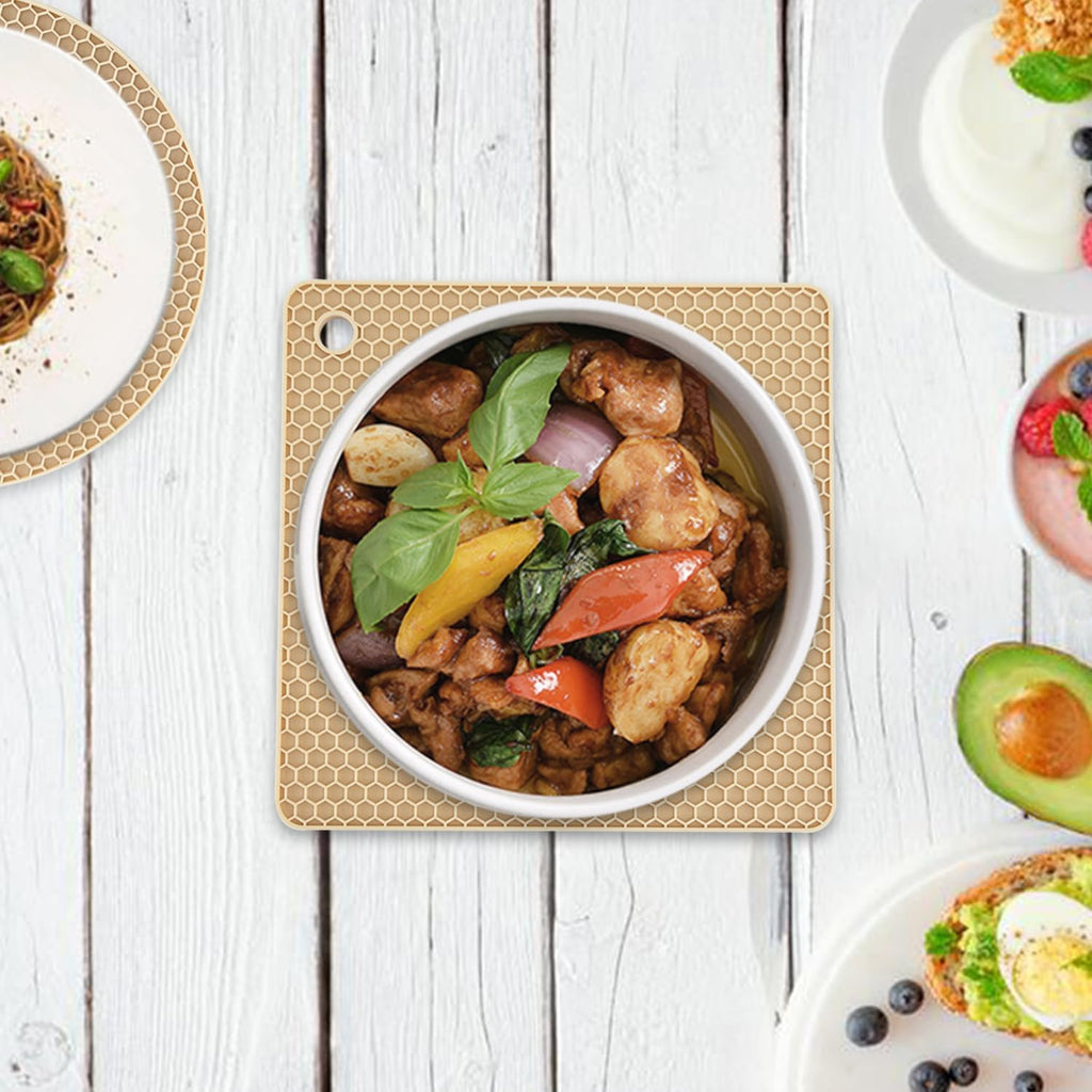 4 Pack Silicone Trivets for Hot Pots and Pans, Pot Holders Hot Pads, Non-Slip & Heat Resistant Silicone Mats for Kitchen Counter, Soft Durable Drying Mat, Jar Opener and Coasters (Beige)