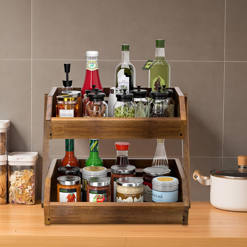 G.a HOMEFAVOR Fruit Basket: 2-Tier Acacia Wood Fruit Bowl for Kitchen, Fruit Stand Storage Holder for Vegetables and Snack Home Kitchen Countertop Organizer (Self-assembly)