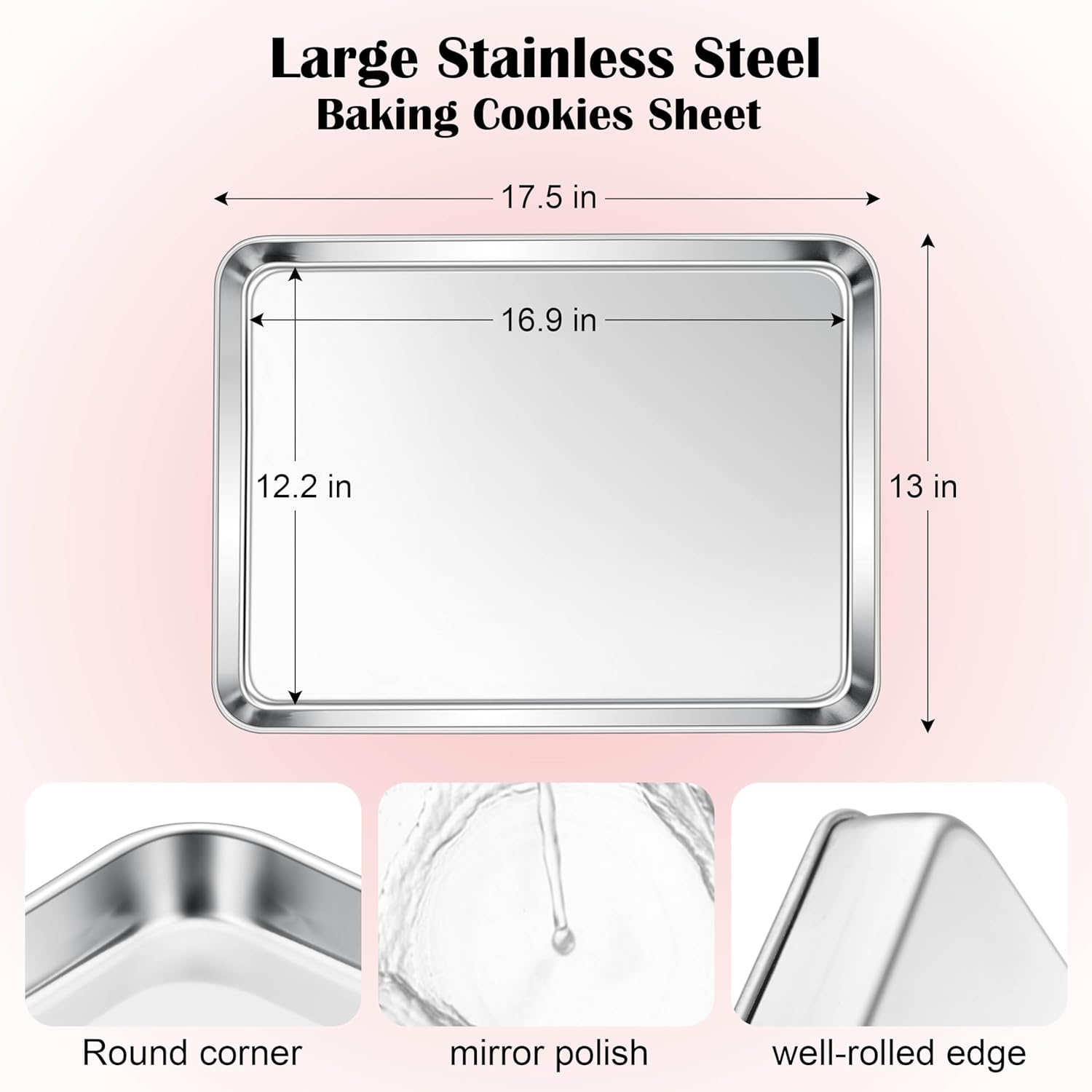 E-far Cookie Sheet for Baking, 18”x13” Stainless Steel Baking Sheet Pan for Oven, Large Non Toxic Metal Baking Tray for Cake Cookies, Healthy & Rust Free, Mirror Finish & Dishwasher Safe, 1 Pack