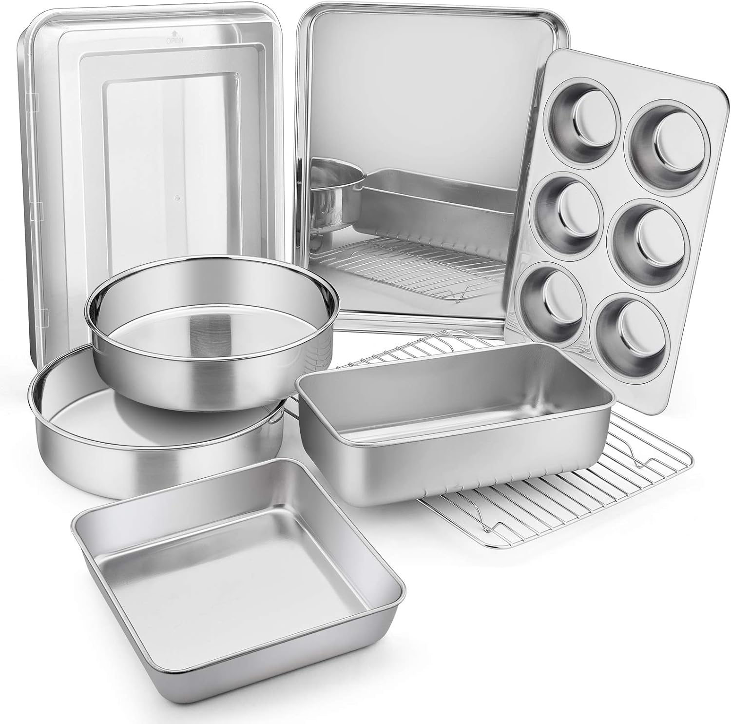 E-far Stainless Steel Baking Pan Set, 9-Piece Bakeware Sets for Cake Cookie Loaf Muffin, Include Round, Square, Rectangle Baking Sheet Pan with Lid & Cooling Rack, Dishwasher Safe
